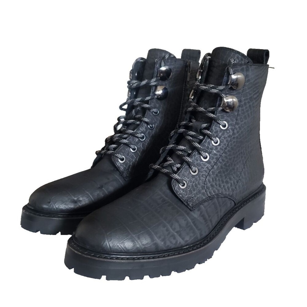 Frye Boots Combat Julie Hook Crocodile Embossed Women Sz 7B Black Leather ZipUp
